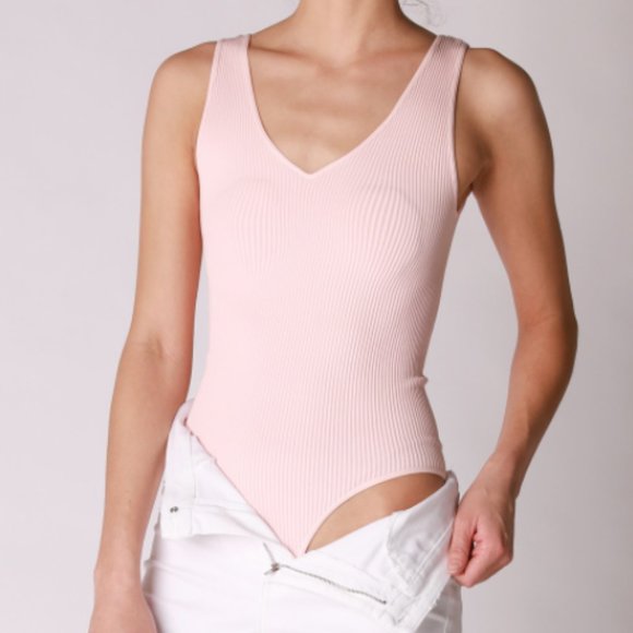 Pink Ribbed Thong V Neck Bodysuit - Picture 1 of 5